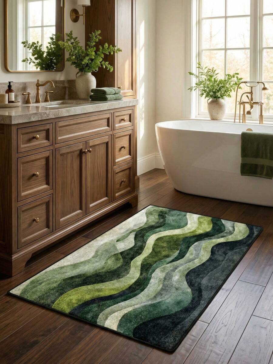 1件装渐变绿色波浪纹速干吸水浴室地垫 - 防滑、低绒针织面料、可机洗 - 涤纶材质、长方形编织浴室地毯 - 彩色 - 查看 1