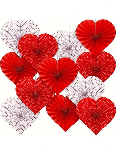 3支/套情人节心形折叠纸扇，印有红色波点爱心图案，适用于婚礼、新娘送礼会、性别揭晓派对、单身派对装饰，营造浪漫氛围，可用作拍照背景。