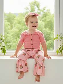 Conjunto de 3 piezas de ropa occidental para niña, mono liso de manga corta con hombros descubiertos, patrón de botas, pantalones acampanados y diadema con lazo - Rosa - Ver 1