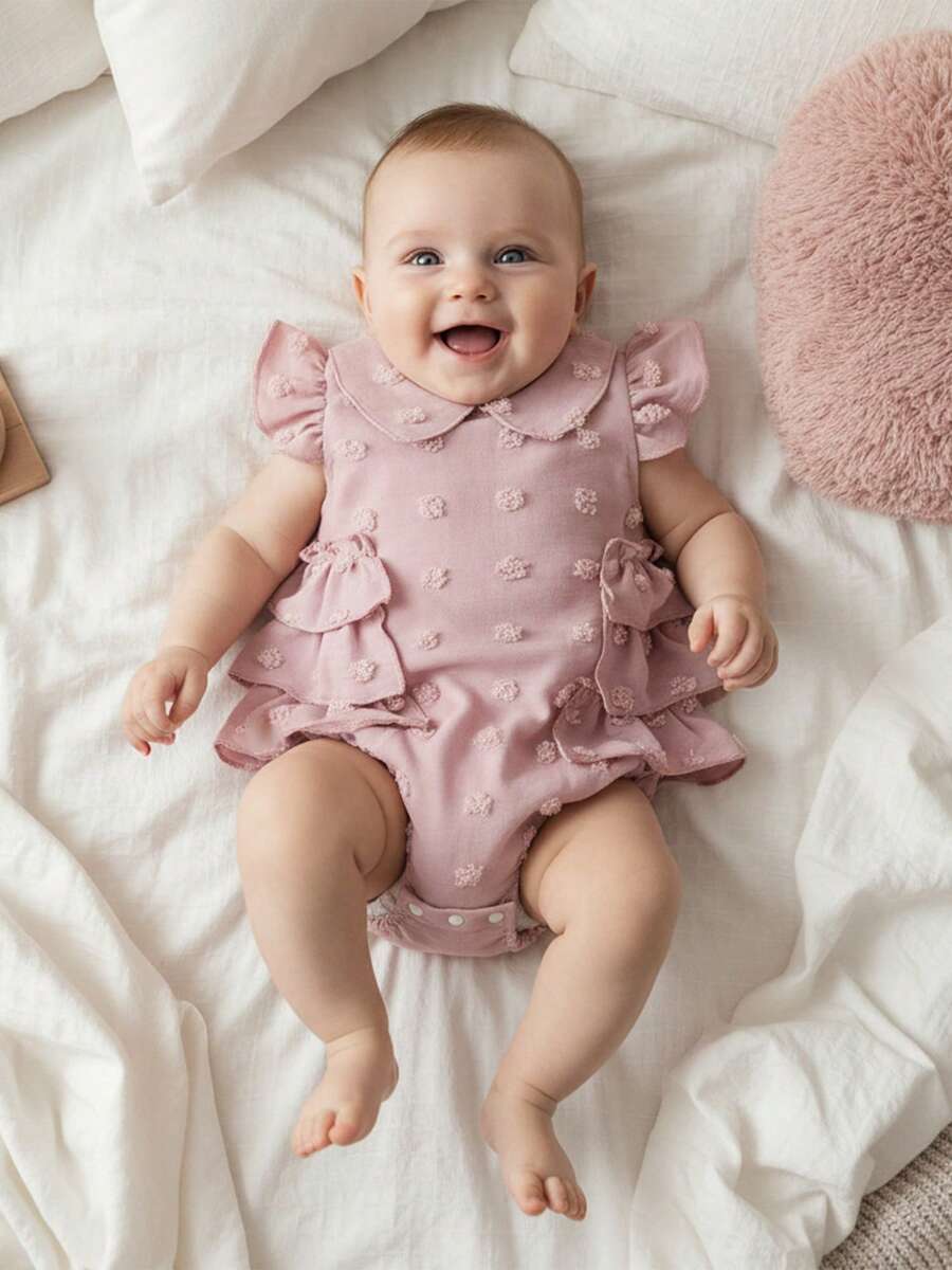 Pelele para niña pequeña con volantes, sin mangas, cuello de muñeca, mono de lunares suizos, mono de princesa, atuendo para primer cumpleaños y vacaciones, ropa de verano - Rosa - Ver 1