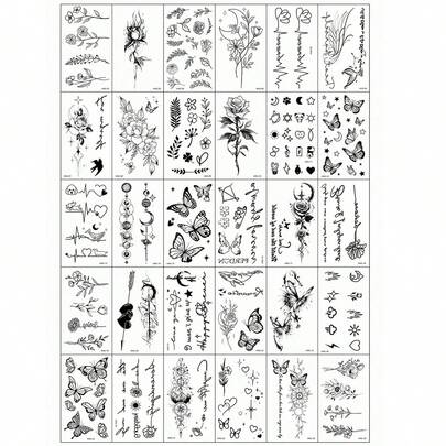 (30pcs/Set) Artistic Design Temporary Tattoo Stickers, Containing Butterfly, Letter, Tree Branch, Starry Sky, Rose Flower Elements Combination, Minimalist Black Patterns, Butterfly & Starlight, Suitable For Sleeve, Face, Finger, Neck, Daily Decoration, Photography, Dating, Travel Essential