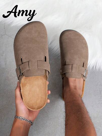 Men's Mule Shoes New Vintage Slip-On Loafers Casual Slouchy Shoes, Closed Toe Flat Mules With Adjustable Strap, Available In Fleece-Lined Autumn/Winter Version And Non-Fleece Four-Season Version