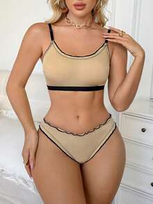 Conjunto de lencería inalámbrica de tono de piel para mujer, conjunto de sujetador y pantie cómodo con ribete de volantes sólido acanalado y sexy - Albaricoque - Ver 2