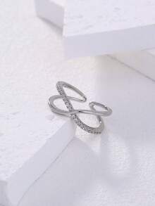 Nooxian 1pc Minimalist Elegant Double-Layer Criss-Cross Infinity Symbol Zirconia Copper Open Ring - Silver - View 2