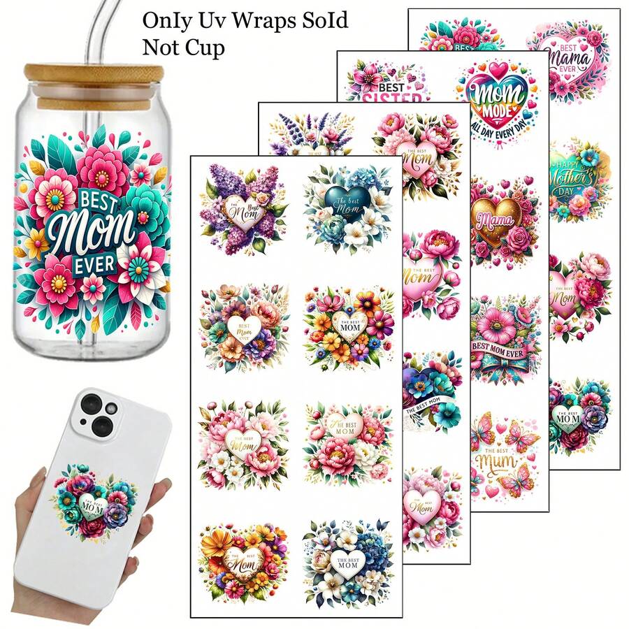 32 piezas "Mejor Mamá" Diseño floral Pegatinas de transferencia UV DTF aptas - Transferencias Mejor Mamá Floral para taza para vidrio DIY Decorativo Pegatina de transferencia por frotamiento - Decoración del hogar DIY para muebles, vidrio, cerámica y manualidades - Autoadhesivo, de un solo uso, regalo de manualidades del Día de la Madre. - Multicolor - Ver 1