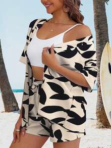 2pcs Women Tropical Print Kimono Style Chiffon Cover Up & Shorts Set, Summer Beach Outfit - Apricot - View 3