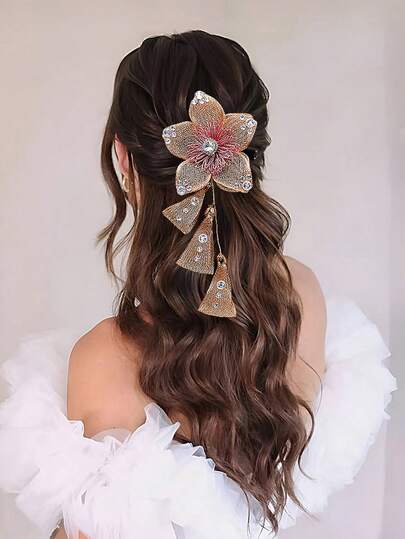 1pc Crystal Flower Hair Clip, Elegant Mesh Flower Tassel Alligator Hair Clip, Bridal Headpiece, Suitable For Wedding, Festival, Party, Date, Casual Wear, Women Hair Accessories, Spring/Summer