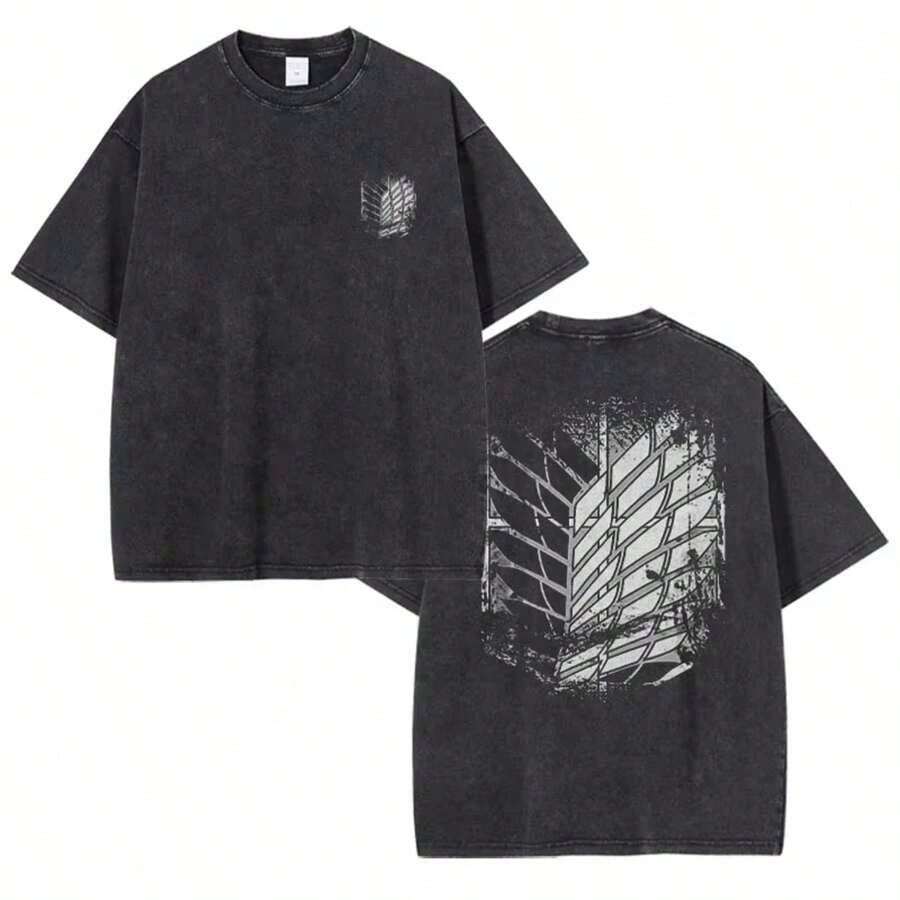1Pcs,2026,Eren Jaeger 2D T-Shirts Vintage Washed Anime T-Titan A-Attack T Shirt Manga Shingeki No Kyojin  Mikasa Short Sleeve Tops - 黑-5 - 查看 1
