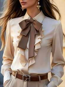 Women's Elegant Ruffle Bow Tie Long Sleeve Shirt - Solid Color, Long Sleeve, Front Button Design, Suitable For Commuting And Casual Wear, Casual Shirt | Elegant Blouse | Ruffle Bow Tie Detail, Solid Color Pleated Ruffle/Ruffle Pocket, Suitable For Office Wear - Champagne - View 2