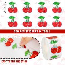 500 pièces/Rouleau Autocollants de cerises holographiques Doodle, grands autocollants de fruits asymétriques pailletés de 3 cm pour enveloppes, magazines, coques de téléphone, tasses, ordinateurs, scrapbooking, cadeaux de fête, autocollants étanches en PVC pour fournitures de scrapbooking - Cerise laser - Voir 4