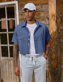 URRU Men's Gingham Cropped Shirt Plaid Shirts Short Sleeve Button Down Shirts Crop Tee Tops - 藍色 - 查看 5