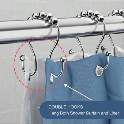 12/1 Set Stainless Steel Double Pulley Hanging Hooks, Suitable For Bathroom - Rust-Proof, Smooth Sliding Double Rings, 12pcs/Set, Can Be Used To Hang Shower Curtains And Liners, Also Suitable For Bedroom Curtains
