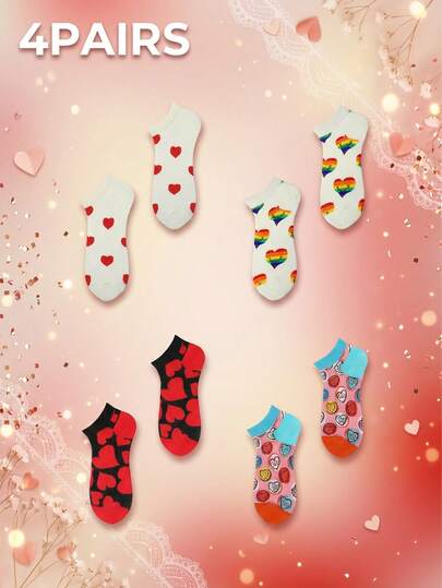 4 双情人节爱心主题船袜 - 男女皆宜，日常休闲穿着，情人节及社交活动的理想礼物，活力爱心和彩虹爱心设计，全年必备