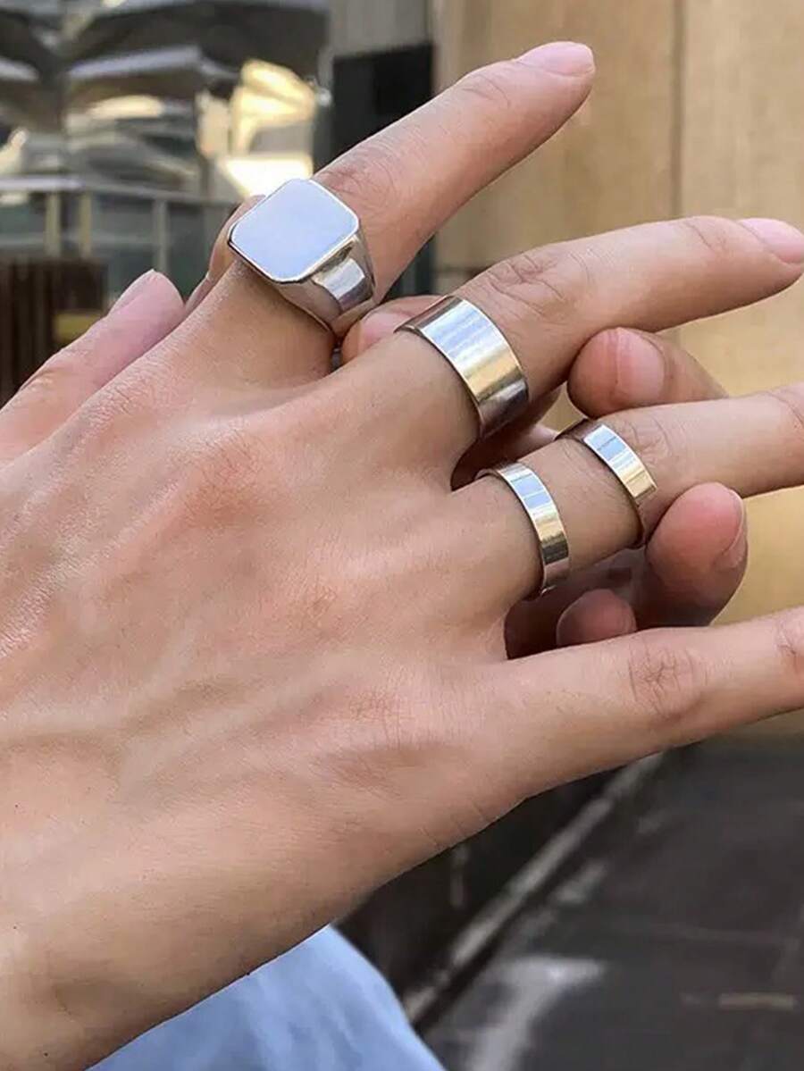 4枚银色极简戒指：方形宽边男女通用可叠戴戒指，适合日常街头风格佩戴 - 銀色 - 查看 1