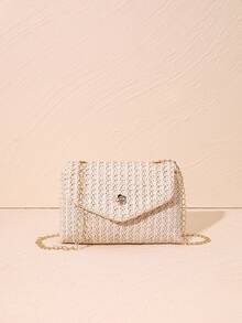 1pc Girls Knitted Casual Fashion Flap Chain Crossbody Bag, Small Shoulder Bag, Suitable For Daily Use, Vacation, And Ideal Gift - Braided Apricot - View 7