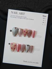 10片手工杏仁形美甲贴纸，亚克力短指甲贴片，镶嵌水钻，适合所有季节和场合，优雅精致的手工假指甲，适合女孩和女士美甲用品 - 彩色 - 查看 10