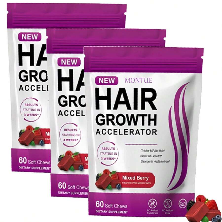 MONTUE 3Pcs Hair Accelerator Soft Chews, Hair Vitamins For Women And Men With Clinically Studied Lustrive And Biotin, Promotes Thicker, Fuller, Stronger Hair, Mixed Berry, 60*3 Soft Chews - 180個裝 - 查看 1