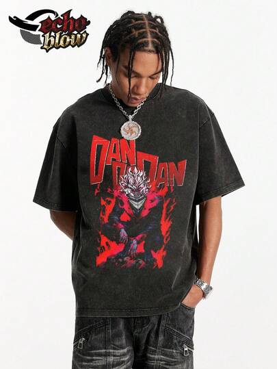 Camiseta de anime Dandan de peso pesado para hombres - Diseño de personaje grande, impresión de un solo lado, camiseta de manga corta, estilo retro suave y lavado, adecuada para Comic Con y uso diario - Regalo ideal para fanáticos del anime (negra) - Top de cosplay de impresión digital duradera