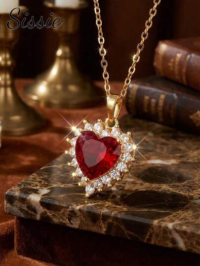 1pc Girls Elegant Luxury Red Heart Pendant Necklace With Gold Stainless Steel Chain Suitable For Valentine's Day Mother's Day & Birthday Jewelry Gift