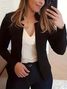 Women's Solid Color Plain Casual Woven Blazer Cardigan - Suitable For Office Commute & Daily Wear, Year-Round Versatile, Autumn & Winter Style - Black - View 1