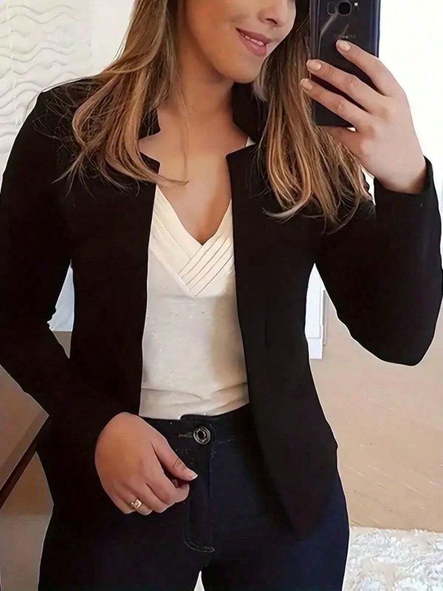 Women's Solid Color Plain Casual Woven Blazer Cardigan - Suitable For Office Commute & Daily Wear, Year-Round Versatile, Autumn & Winter Style - Black - View 1