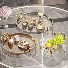 Round Thick Transparent PET Tray, Dual-Handled Clear Glacier Pattern Tray For Dining, Tea Table Cup Holder, Plastic Storage Plate With Gold Rim And Handle - Transparent Gold - View 2