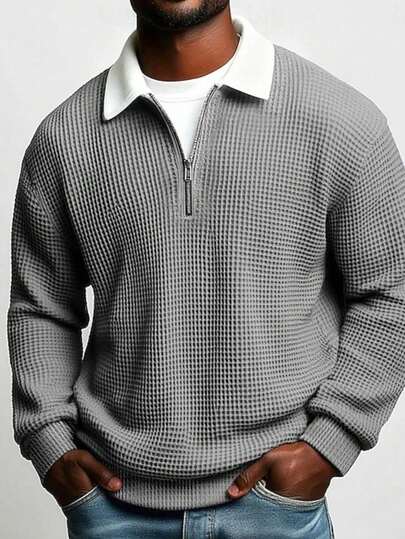 Camisa polo para hombre con cuello y media cremallera manga larga estilo europeo americano deportivo casual de cuadros multicolor