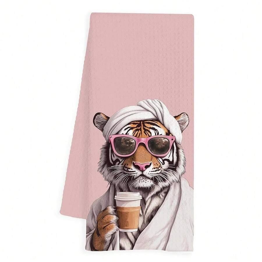Coffee Tiger Bathroom Hand Towels, Pink Funky Sunglasses Bathrobe Tiger Decorative Hand Towels For Bathroom Washroom, 16x24 Inch - 虎王2 - 查看 1