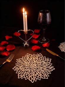 15-Inch Gold Flower Placemat, PVC Material, 3.9-Inch Hollow Flower Coaster, Washable, Easy To Clean, Wipe-Able, Non-Slip, Heat-Resistant, Suitable For Room Decor, Dining Table Decor, Home Decor, Ideal For Holidays, Parties, Birthdays, Weddings, Valentine's Day Decorations - Multicolor - View 6