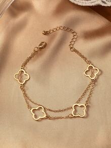 1条双层镂空四叶草吊坠脚链，时尚优雅，适合派对、宴会和日常佩戴。 - 金黃色 - 查看 1