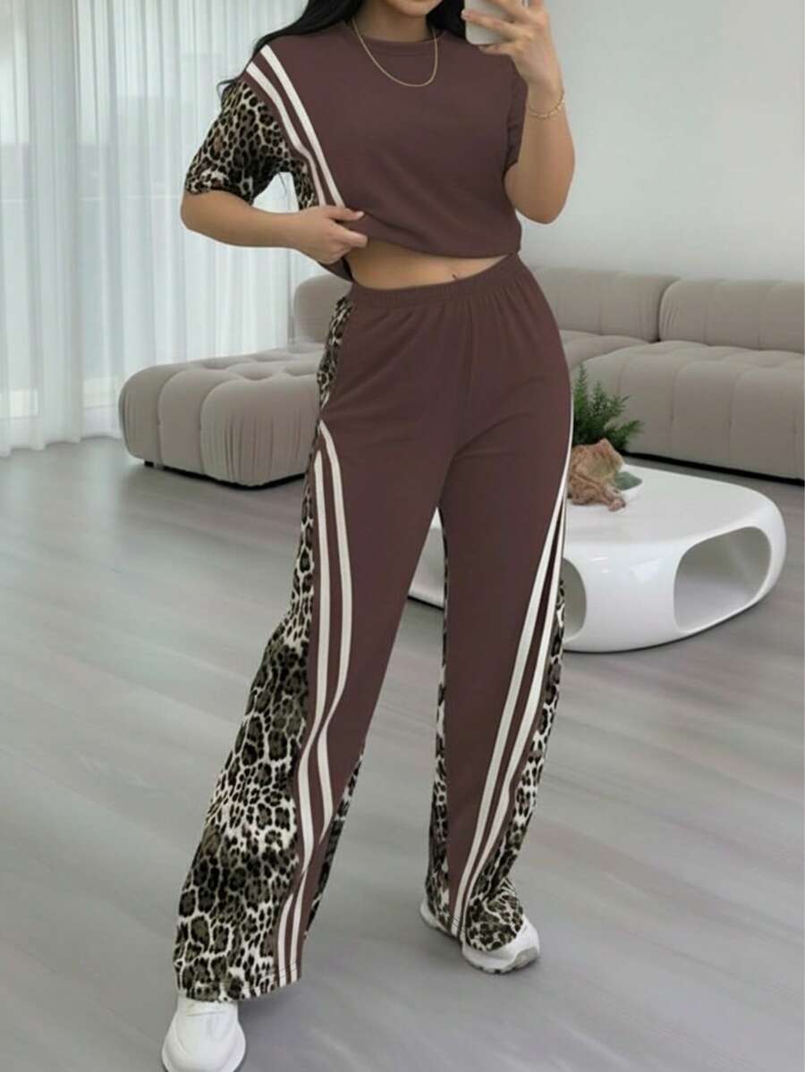 Bộ đồ mùa xuân/hè mới, thoải mái, họa tiết da báo: áo tay ngắn cổ tròn và quần ống đứng cạp cao có túi, trang phục mùa hè cho nữ, đa năng cho mặc hàng ngày và đi làm, họa tiết da báo thời trang, phong cách sang trọng tinh tế. - màu nâu - Xem 1