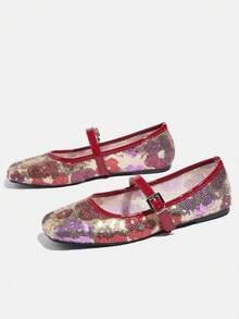 大码时尚亮片搭扣红色平底一脚蹬女鞋，夏季新款花卉镂空通勤度假轻便舒适玛丽珍鞋 - 紅色 - 查看 15