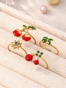 18K镀金不锈钢可调节戒指，饰有绿色棕榈树和红色樱桃图案，时尚夏季海滩珠宝礼品 - 櫻桃&椰樹 - 查看 9