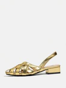 Giày bệt nữ mũi nhọn, quai chéo, gót chunky thấp, màu vàng đồng khoét rỗng. - Vàng - Xem 7