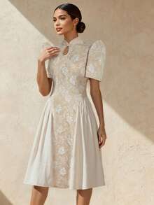 1 chiếc đầm midi tay cánh bướm kiểu Filipiniana, chất liệu jacquard, thanh lịch, cài cúc, thích hợp cho các kỳ nghỉ, tiệc tùng, hẹn hò, mùa xuân/hè. - Rượu sâm banh - Xem 2