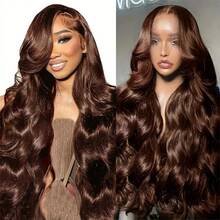 200%巴西巧克力棕色短款波波头假发，13x4高清透明蕾丝前额真人混纺发假发，预先拔毛处理，自然波浪波波头假发 - S4 - 查看 5