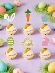 12件套复活节混合蛋糕装饰粉，节日装饰派对用品，复活节彩蛋、兔子、胡萝卜、篮子、复活节快乐、兔耳朵蛋糕装饰 - 彩色 - 查看 4