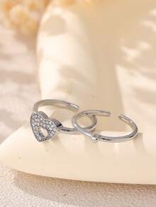 2pcs/Set Adjustable Unique Heart-Shaped Lock Ring For Women - Silver - View 3