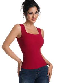Women's Built-In Bra Tank Top Wide-Strap Square Neck  Ribbed Slim Fit Summer Wirefree Shelf Padded Tank Shirts - 紅色 - 查看 3