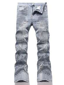 Pantalones vaqueros acampanados de corte ajustado para hombre, pantalones vaqueros elásticos con estampado único y detalles desgastados, ropa de calle de moda para jóvenes - 5718# - Ver 1