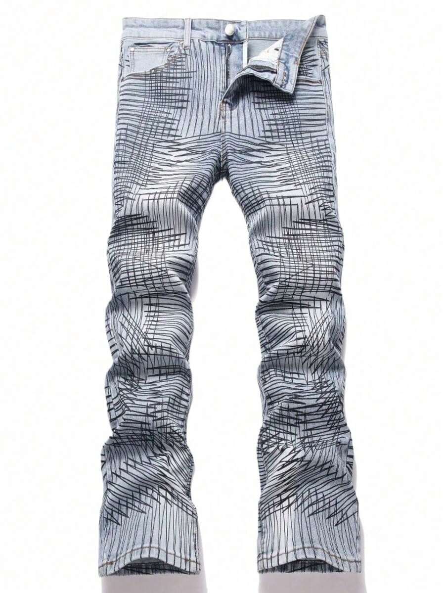 Pantalones vaqueros acampanados de corte ajustado para hombre, pantalones vaqueros elásticos con estampado único y detalles desgastados, ropa de calle de moda para jóvenes - 5718# - Ver 1