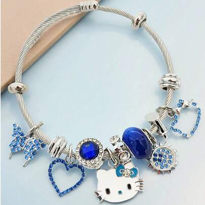 1 pieza Pulsera con colgante de  autorizada por , joyería de cuentas de aleación de zinc con diseño de gato rosa de dibujos animados, adecuada para uso diario y como regalo de fiesta