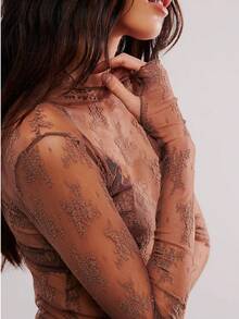 Women's Sheer Lace Mesh Top, Fashionable Slim Fit Long Sleeve Faux Collar Floral Blouse, Casual Outing T-Shirt - 棕色 - 查看 4