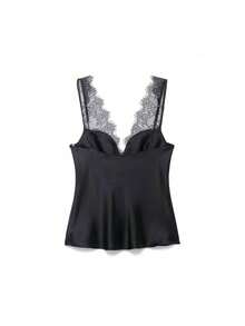 DEEKA Women's Fashionable Sexy Lace Satin Blouse, Spring/Summer - Black 1 - View 2