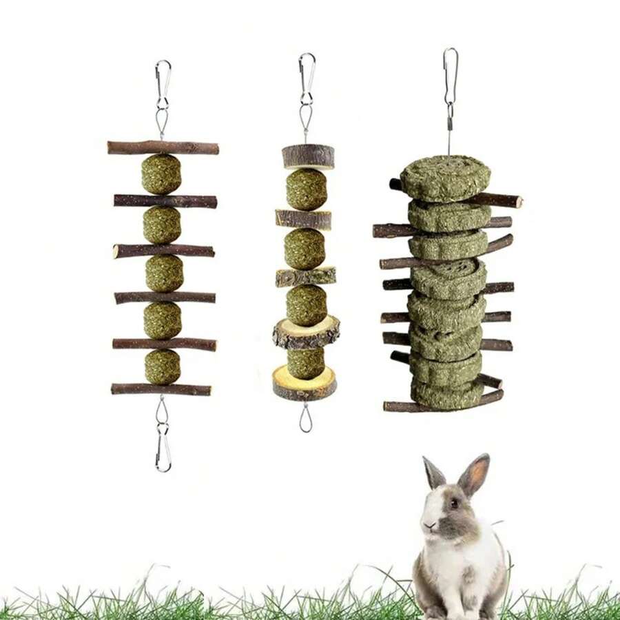Rabbit Chew Toys, 3PCS Pet Chew Toys For Rabbit Chinchilla Hamster Molars Chew Toys Apple Sticks Grass Ball , Grass Cake Skewer For Hamster - màu nâu - Xem 1