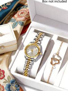 2PCS Women's Accessories Set In Gold And Silver Contrast, Including A Gold-And-Silver Two-Tone Strap Quartz Watch With A Diamond-Studded Dial, And A Double Heart-Shaped Diamond-Studded Gold Chain Bracelet. - Multicolor - View 1
