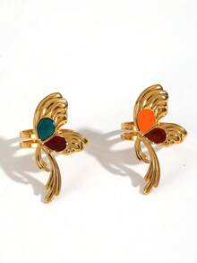 2pcs Gold Stainless Steel Exaggerated Butterfly Wing Dangle Elegant Women's Ring Set, Can Be Worn Individually Or Stacked, Non-Fading, Great Gift For Friends - Yellow Gold - View 4