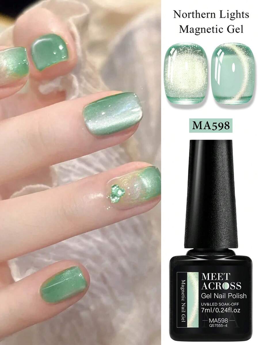 MEET ACROSS 1pc 7ml Green Gold Northern Lights Water Light Cat Eye Gel Nail Polish Aurora Glitter Crystal Magnetic Semi Permanent Soak Off UV LED Varnish Manicure Nail Art DIY For Home And Salon Nail Supplies Nails - 綠色 - 查看 1