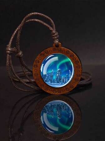 שרשרת תליון זכוכית ועץ משובצת זוהר צפוני 1pc, תכשיטי מתנה רומנטית לגברים ולנשים