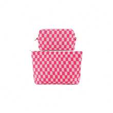 ZLFSRQ 2Pcs Makeup Bag Checkered Cosmetic Bag Set Travel Toiletry Bags For Purse Large Small Makeup Pouch For Women Cute Preppy Pencil Pouch Case Pink Zipper Skincare Bags - B-格子2件裝混合粉紅色 - 查看 1